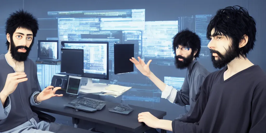 Prompt: programmer, man with beard, computer, by hisashi eguchi, kentaro miura, and yoshitaka amano, futuristic, 8 k