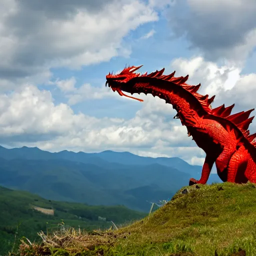 Prompt: dragon on mountain overlooking village