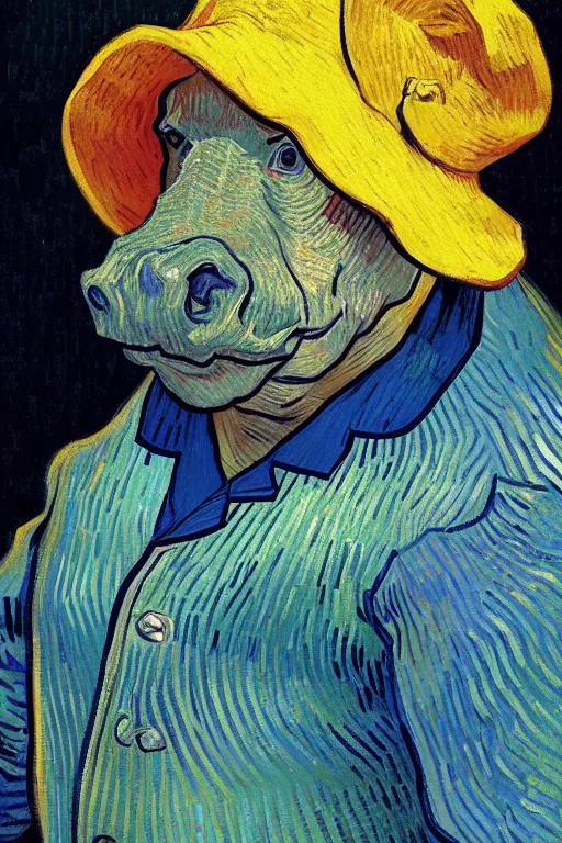 Prompt: vincent van gogh Wearing hippo costume, zx spectrum color palette, anatomy, only two hands, highly detailed, digital painting, artstation, concept art, smooth, sharp focus, illustration, Unreal Engine 5, 8K, art by art by artgerm and greg rutkowski and edgar maxence