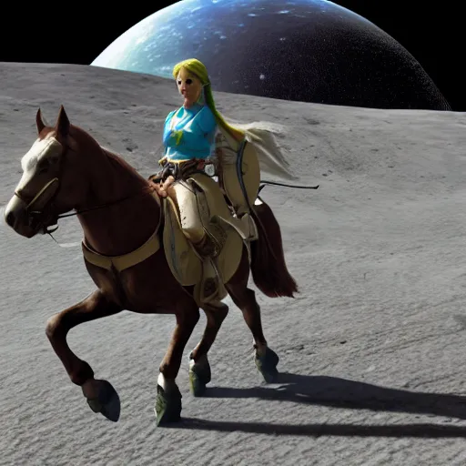 Image similar to zelda riding a horse on moon, hyper realistic, 4 k octan render, unreal 5