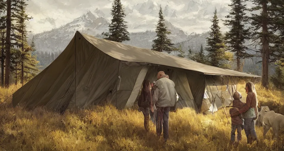 Image similar to cabela's beautiful comfortable modular insulated wall kit - house all weather family dwelling tent house, person in foreground, mountainous forested wilderness open fields, beautiful views, painterly concept art, joanna gaines, environmental concept art, farmhouse, magnolia, concept art illustration, by james gurney, by craig mullins, by greg rutkowski trending on artstation