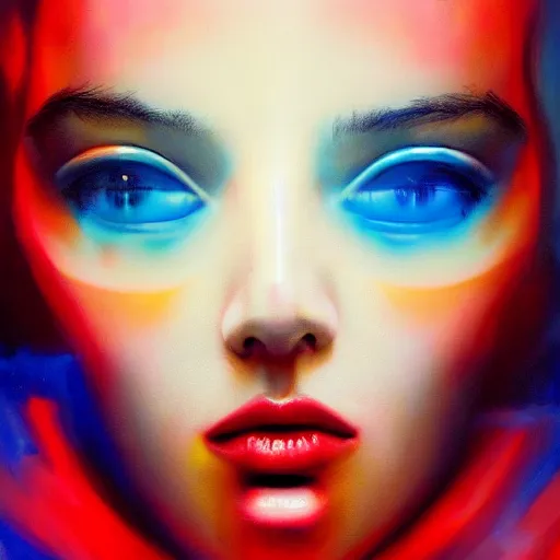 Image similar to 3 d, sci - fi, morning, sleepy fashion model face, sun, neon, cinematic, lightning clouds, vogue cover style, poster art, deep red and deep blue mood, realistic painting, intricate oil painting, high detail, figurative art, multiple exposure, poster art, 3 d, by tooth wu and wlop and beeple and greg rutkowski