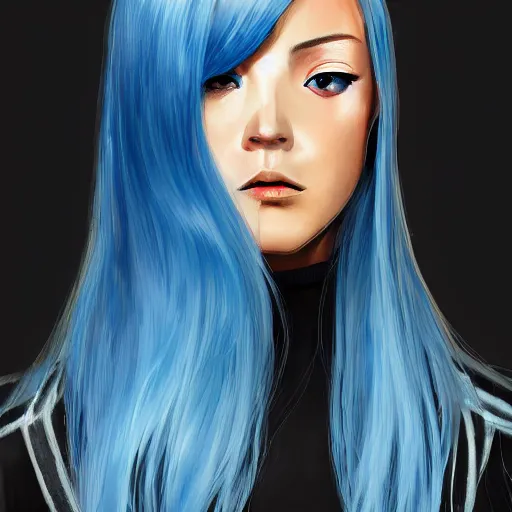 Image similar to full face shot of rimuru tempest, sky blue straight hair, long bangs, with amber eyes, wearing a fancy black jacket, high collar, ultra detailed, brush strokes, digital painting, cinematic, wlop artstation, closeup, pixiv, intense, intimidating glare, photorealistic, overpowering, andy warhol,