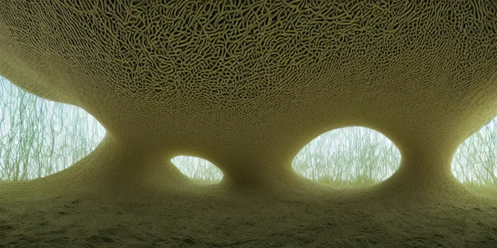 Image similar to biomorphic inflated structures by ernesto neto, light - mint with light - pink color, 4 k, insanely quality, highly detailed, film still from the movie directed by denis villeneuve with art direction by zdzisław beksinski, telephoto lens, shallow depth of field