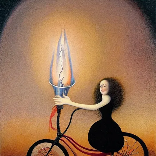 Prompt: by remedios varos, a long haired woman riding a bicycle towards a giant candle in the distance, oil painting, met collection, high resolution