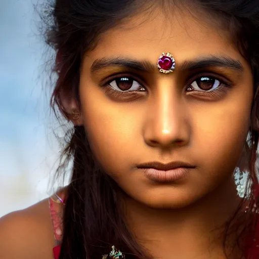 Prompt: extreme close - up shot, studio photographic portrait of beautiful indian girl in sari, brown reddish hair, eyes with crystal teal pupils, haunting, looking at viewer, dynamic lighting, random outdoor wallpaper background, photorealistic, highly detailed, 2 5 mm