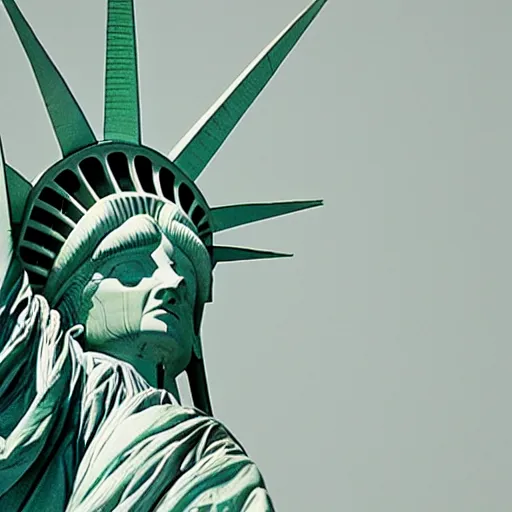 Image similar to professional cityscape photo of the statue of liberty as a native indian with head dress, coper cladding