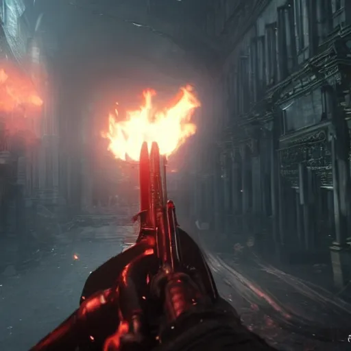 Prompt: looking down rifle in first person shooter bloodborne, background out of focus, flames, dark