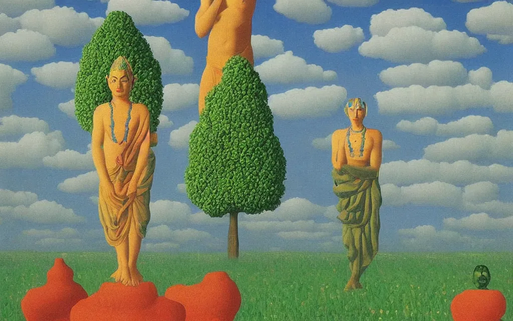 Image similar to hindu god gashi in golden meadow, detailed painting by rene magritte