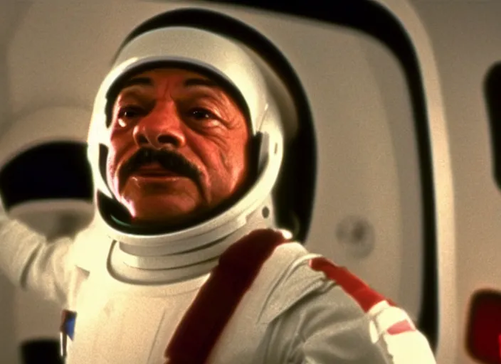 Image similar to film still of young old Cheech Marin as Dr. Dave Bowman in 2001 A Space Odyssey