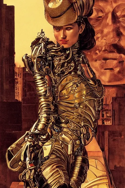 Prompt: brass semi - mechanical woman, portrait, floral art novuea dress, art by ardian syaf and moebius, caravaggio, in steampunk cityscape, golden hour