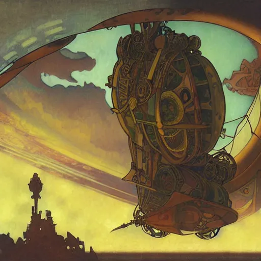 Prompt: a steampunk airship emerges over the horizon of an alien planet, artwork by alphonse mucha, dramatic lighting, brushstrokes, paper texture.