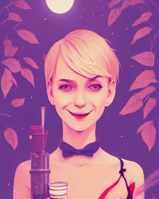 Image similar to digital illustration of pretty girl with short blonde hair hair, from alice in wonderland, smoking, happy eyes, smiling, in a wonderland forest, in junkyard at night, by ilya kuvshinov, lois van baarle, rossdraws, basquiat