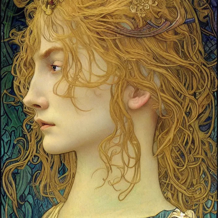 Image similar to detailed realistic beautiful young medieval queen face portrait by jean delville, alphonse mucha, vincent van gogh, and marco mazzoni, art nouveau, symbolist, visionary, gothic, pre - raphaelite