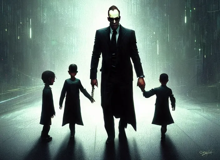 Prompt: agent smith helping small children cross the street in the matrix. digital painting. greg rutkowski. fantasy artwork.