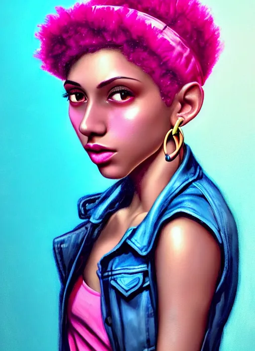 Image similar to portrait of teenage vanessa morgan with bright pink hair, black girl, curly pixie cut hair, wearing newsboy cap, pink short haircut, newsboy cap, hoop earrings, blue eyes, intricate, elegant, glowing lights, highly detailed, digital painting, artstation, concept art, smooth, sharp focus, illustration, art by wlop, mars ravelo and greg rutkowski