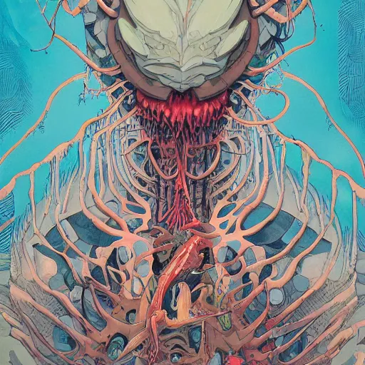 Image similar to monster of monsters. illustration by james jean and satoshi kon and erik jones, inspired by evangelion, smooth feature, intricate oil painting, high detail illustration, sharp high detail