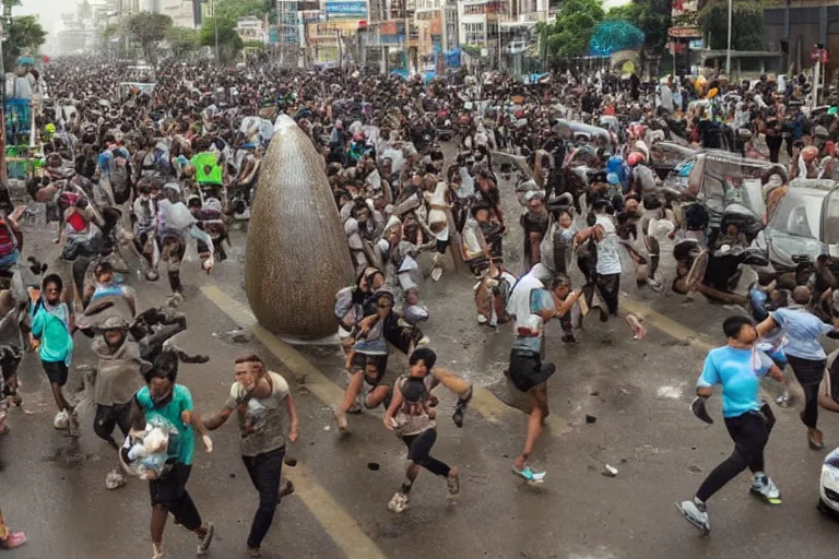 Image similar to a city invaded by giant snails, huge snails, people running in fear, chaos, screaming