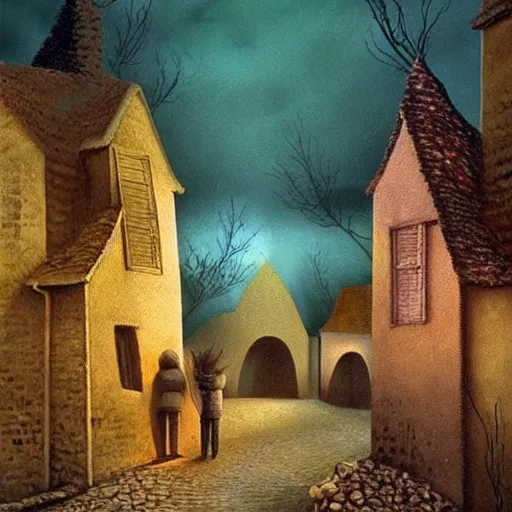 Image similar to scene from a dream. village. digital artwork by vincent bons, michael whelan, remedios varo and gerardo dottori. grainy and rough. interesting pastel colour palette. beautiful light. oil and water colour based on high quality render.