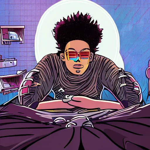 Image similar to in the style of ghostshrimp and deathburger a highly detailed illustration of a young mixed race male explorer wearing a cyberpunk headpiece who is meditating in his bedroom