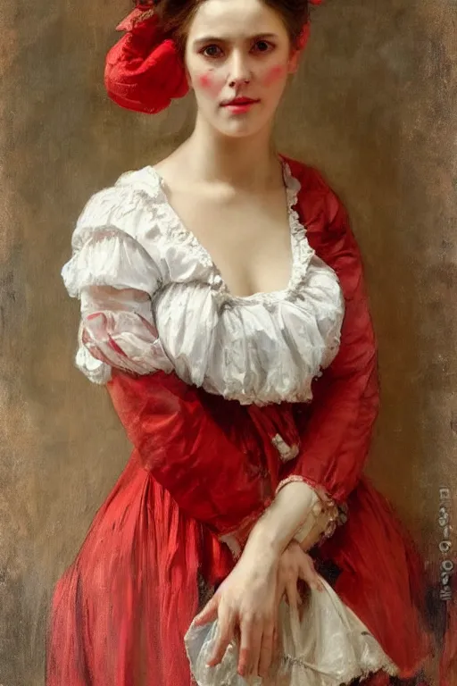 Image similar to Solomon Joseph Solomon and Richard Schmid and Jeremy Lipking victorian genre painting full length portrait painting of a young beautiful woman traditional german barmaid in fantasy costume, red background