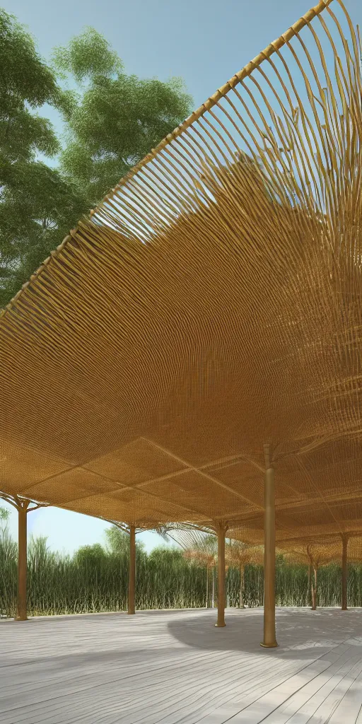 Image similar to photo of a bamboo pavilion with hundreds of thin steel round columns. corona render