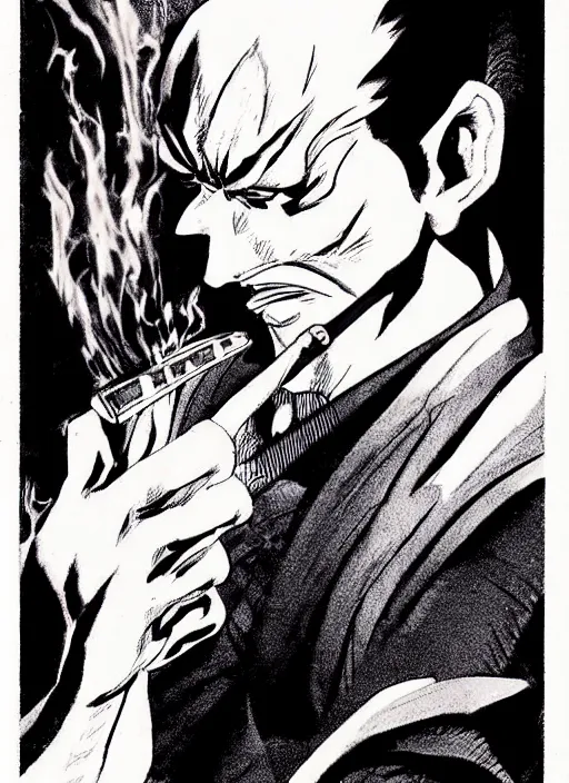 Image similar to heihachi!!!!!!! mishima dressed formally, smoking a cigar, drawn in the style of keisuke itagaki, manga illustration, tekken