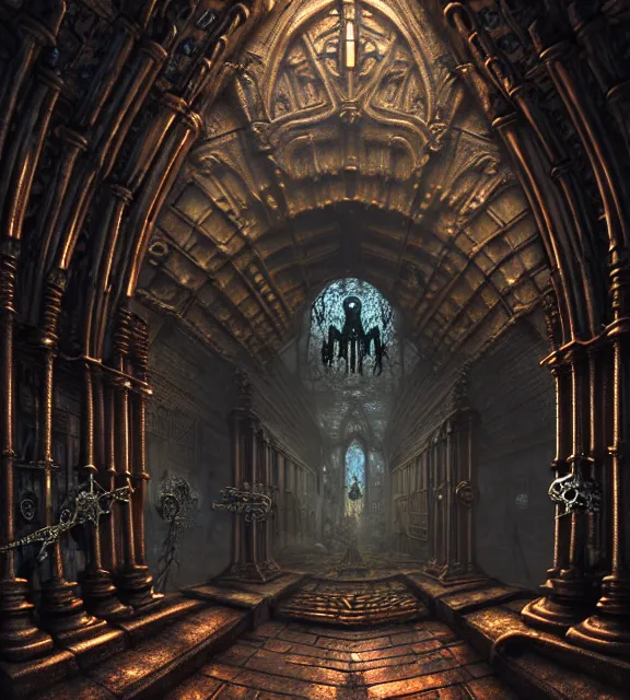 Image similar to steam necropolis, memento mori, gothic, neo - gothic, art nouveau, hyperdetailed copper patina medieval icon, stefan morrell, philippe druillet, ralph mcquarrie, concept art, steampunk, unreal engine, detailed intricate environment, octane render, moody atmospherics, volumetric lighting, ultrasharp, ominous, otherworldly