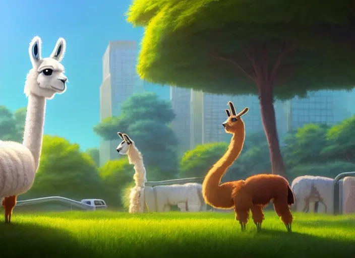 Image similar to a wholesome animation key shot of a llama, new york zoo in the background, studio ghibli, pixar and disney animation, sharp, rendered in unreal engine 5, anime key art by greg rutkowski, bloom, dramatic lighting