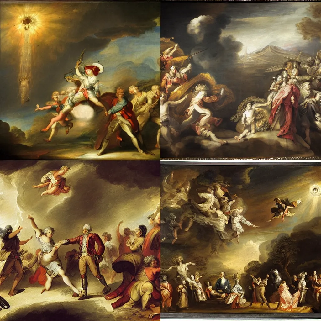 Prompt: 18th century historical painting representing aliens arriving to the earth, royal commission, by Joshua Reynolds, Hermitage museum catalog photography,