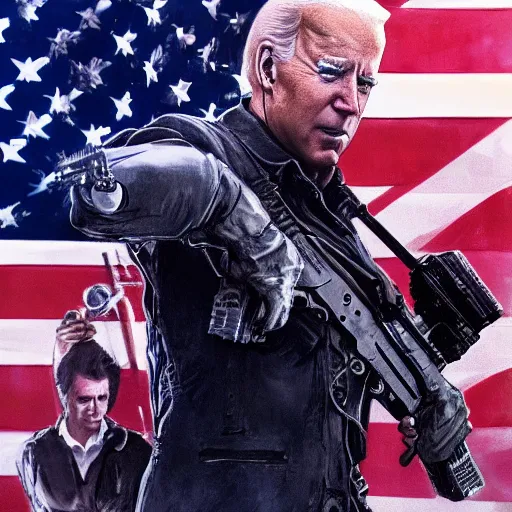 Image similar to joe biden as the terminator shooting Donald Trump with a shotgun, cinematic, establishing shot, extremly high detail, photorealistic, cinematic lighting, artstation, style by James Gurney