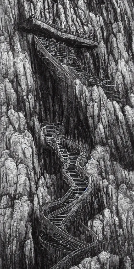 Prompt: kodak portra 4 0 0, photographic, vast staircase carved into black rock cliff side by hr giger and guillermo del toro and alan lee and paul lasaine, photorealistic, hyper detailed, 8 k, movie still, artstation, unreal engine,