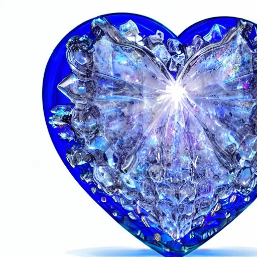 Image similar to crystal cave with large transparent crystals forming a human heart, intricate details, 3 d occlusion, blue on transparency on silver, heart