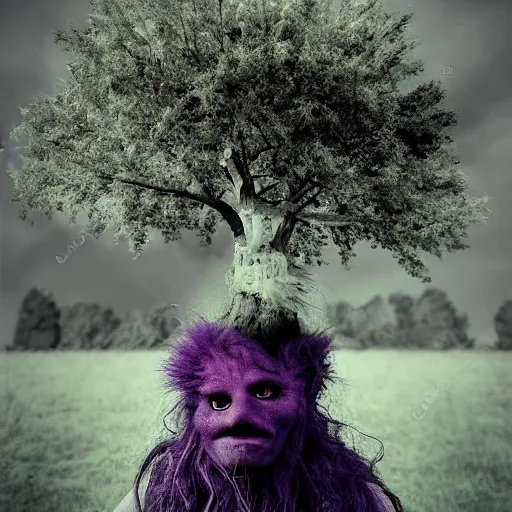 Prompt: tree monster in a beautiful meadow as the eye fairy princess in saturation color scheme, grey, lavender, burnt the new world tintype macro macro earth