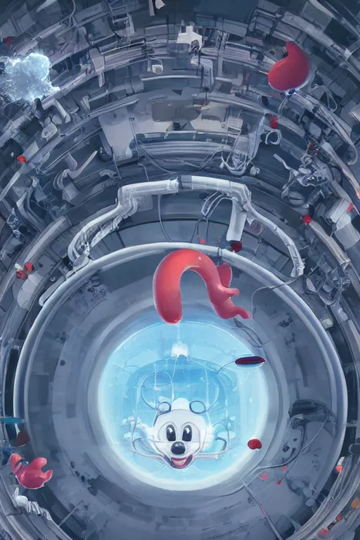 Prompt: top view mechanics scientist in lab facility looking at bloody mickey mouse head lifted by claw,, made by beeple, cgsociety, artgerm, greg rutkowski, highly detailed intricate 4 k art, low light cinematic, octane render, unreal engine, smooth concept art