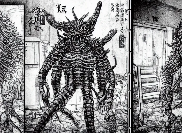 Prompt: detailed manga comic a sleeper stalker monster creature designed by backrooms, silent hill 2, neill blomkamp, gantz, in toronto spadina ave. neighbourhood in the 1 9 9 0's. polaroid, high production value, intricate details, 8 k resolution, hyperrealistic, hdr, photorealistic, high definition, tehnicolor, masterpiece, amazing colors,