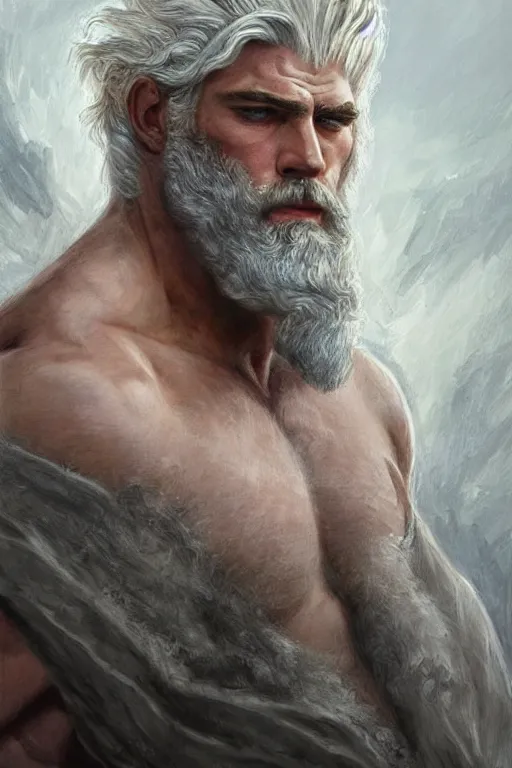 Prompt: painted portrait of rugged zeus, god of thunder, greek god, white hair, masculine, powerful, handsome, luxurious, upper body, white robe, muscular, hairy torso, fantasy, intricate, elegant, highly detailed, digital painting, artstation, concept art, smooth, sharp focus, illustration, art by gaston bussiere and artgerm