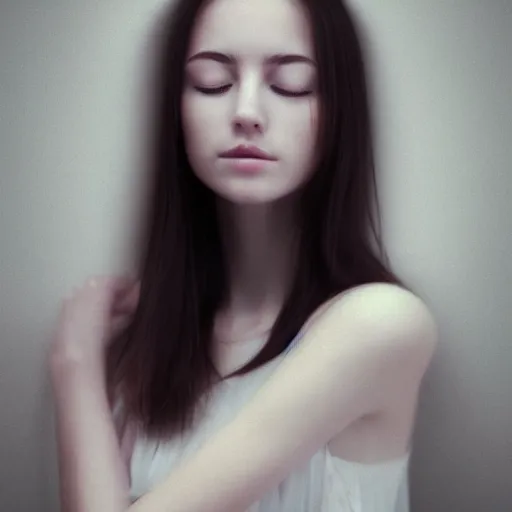 Image similar to photorealistic portrait of a beautiful young woman, very blurry, out of focus, translucent stone white skin, closed eyes, foggy, closeup