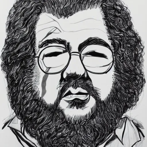 Image similar to continuous single line contour - drawing of jerry garcia, pen on white paper