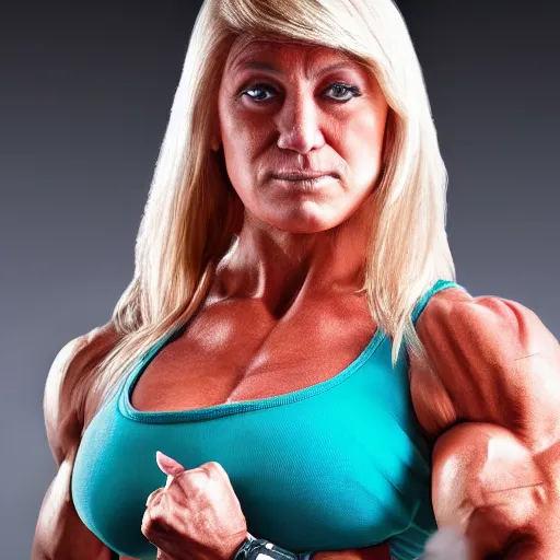 Image similar to a woman who is a genetic combination of hulk hogan and donald trump face and upper - body focus