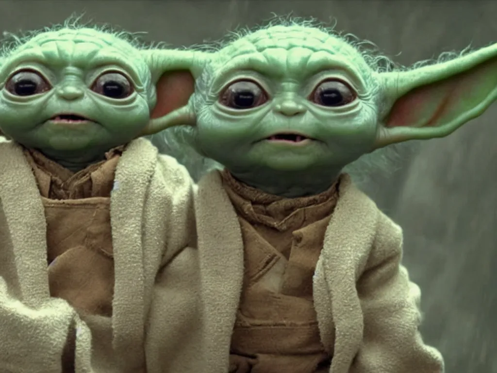 Image similar to cute baby yoda holding even cuter embryo yoda, movie still from guardians of the galaxy