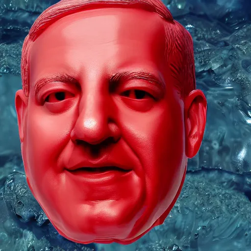 Image similar to a sculpture made out of juicy and transparent red jelly in the sea of a giant benjamin netanyahu head, long shot, hyper detailed, hyper realistic, ray tracing, 8 k resolution, sharp focus, realistic water, award winning