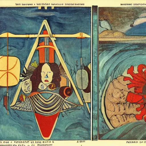 Image similar to Inverted Polynesian Way Starting out by William Hogarth and Lawren Harris theorem, speed works efficiently compared toaquatic cosmic ocean meat bell cell, by Schiele Beech and David Hocknet, tarot card,