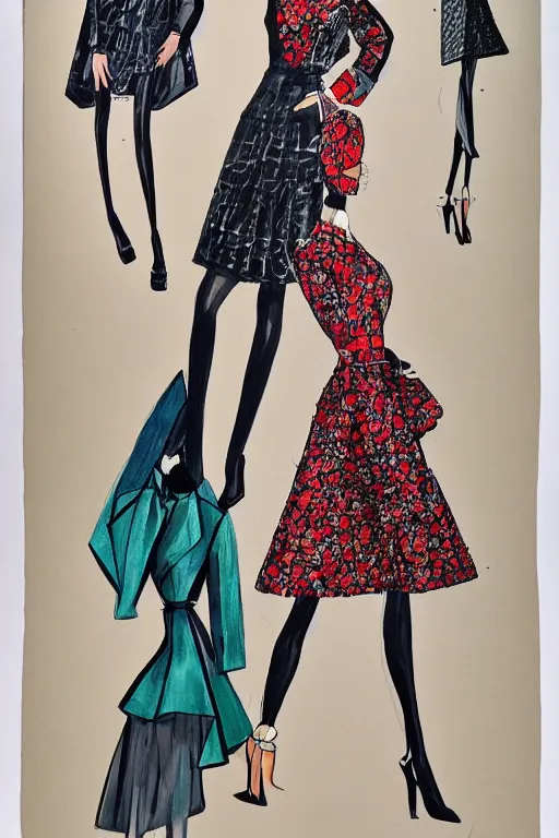 Image similar to a detailed high fashion illustration of a mid century outfit