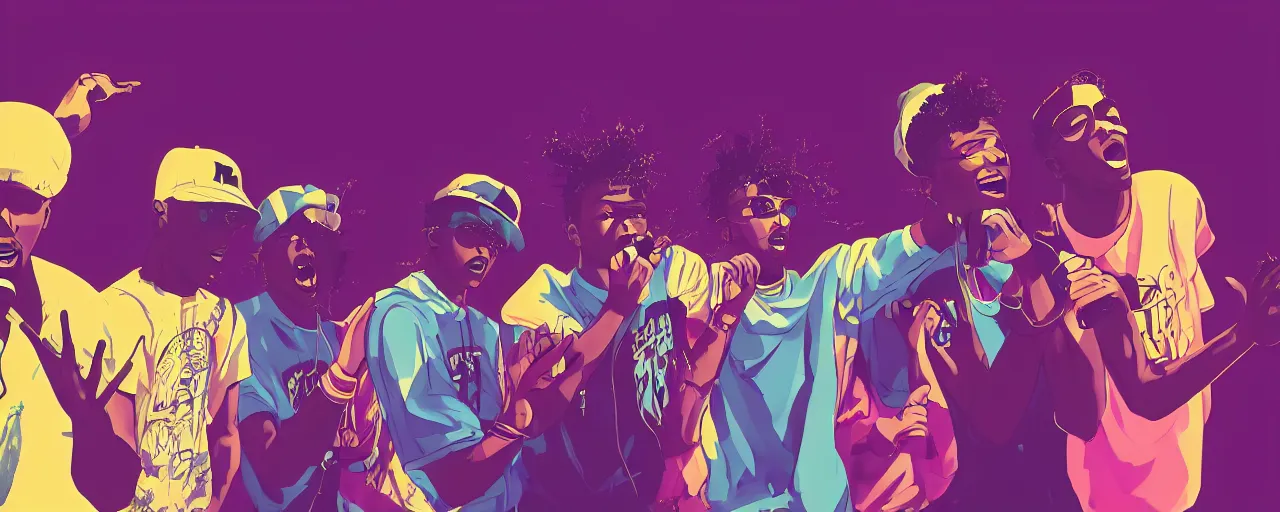 Prompt: four friends rapping with microphone in living room, epic pose, silhouetted, distinct, multiracial!!!!!, diverse representation, digital art, vaporwave, psychedelic, surreal, hip hop, trending on Artstation, professional artist, detailed, 4k
