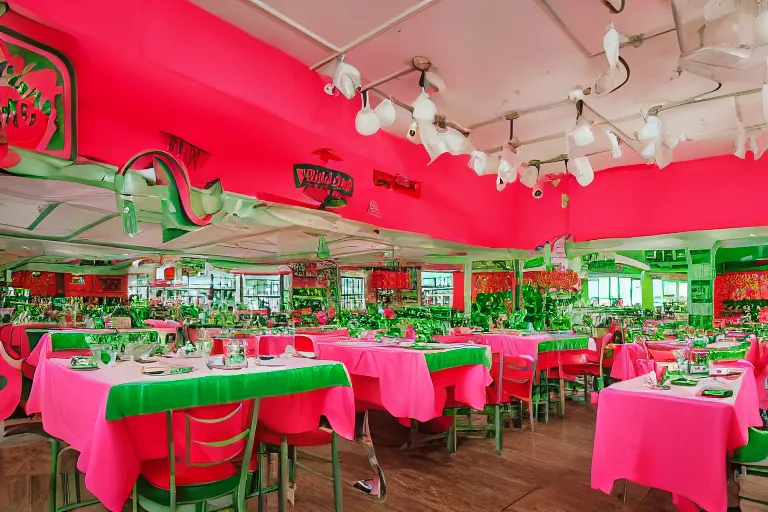 Image similar to 1 9 9 2 watermelon themed diner, tables repeat endlessly into the horizon, fruitcore, watermeloncore, one point perspective, americana, restaurant interior photography, 5 5 mm
