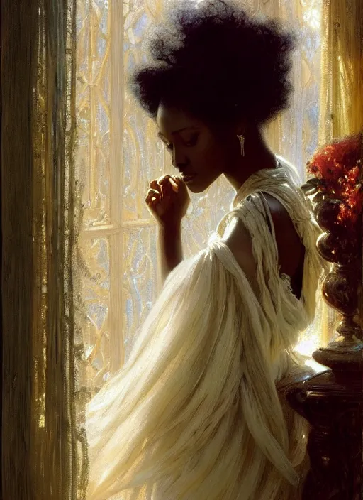 Prompt: a beautiful young black woman with long flowing hair in a flowing white gown in looking out a window through gauzy curtains, highly detailed painting by gaston bussiere, craig mullins, j. c. leyendecker 8 k