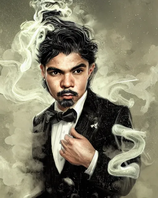 Image similar to a highly detailed portrait of carlos valdes radiating a powerful energy aura, ornate black tuxedo, clean - shaven!!, wispy tendrils of smoke, intricate, digital painting, old english, raining, sepia, particles floating, whimsical background by marc simonetti, artwork by liam wong