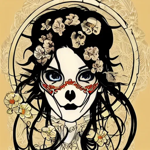 Image similar to anime manga skull portrait woman hair floral comic skeleton illustration style by Alphonse Mucha and James Jean and Sainer Etam pop art nouveau