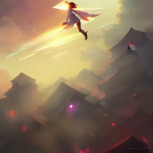 Prompt: Japanese schoolgirl flying over the town, volumetric lighting, glowing lights, 4k, octane, digital painting, artstation, concept art, sharp focus, illustration, art by artgerm and greg rutkowski and alphonse mucha